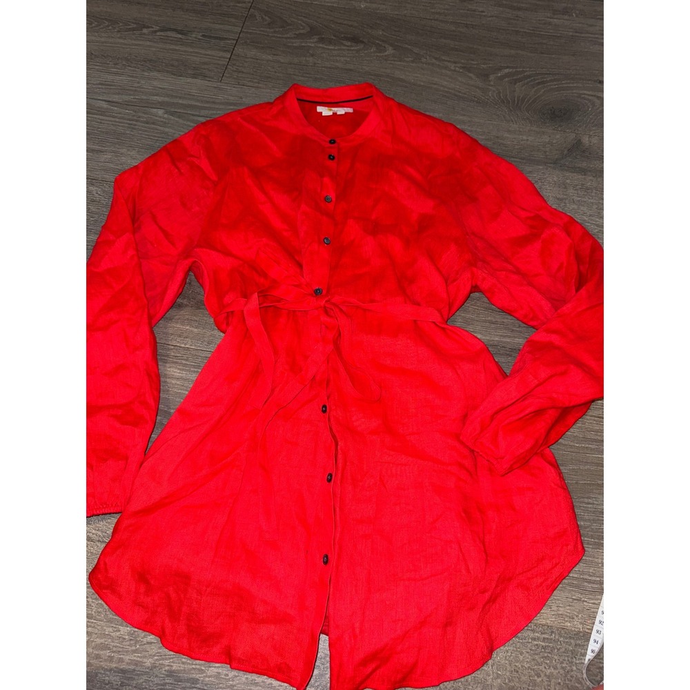 Boden Red 100% Linen Button Down Tunic Tie Waist Mandarin Collar Shirt T0902